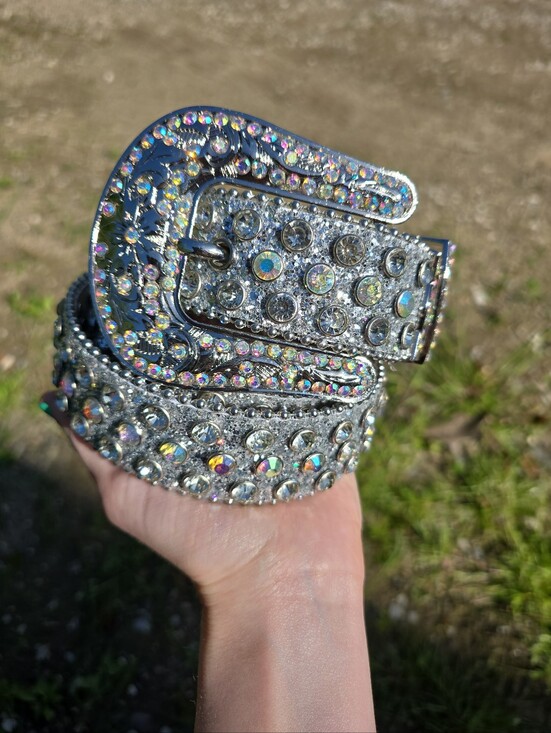 Silver Flower Buckle Rhinestone Belt New Western Rodeo Belt Small main image 9
